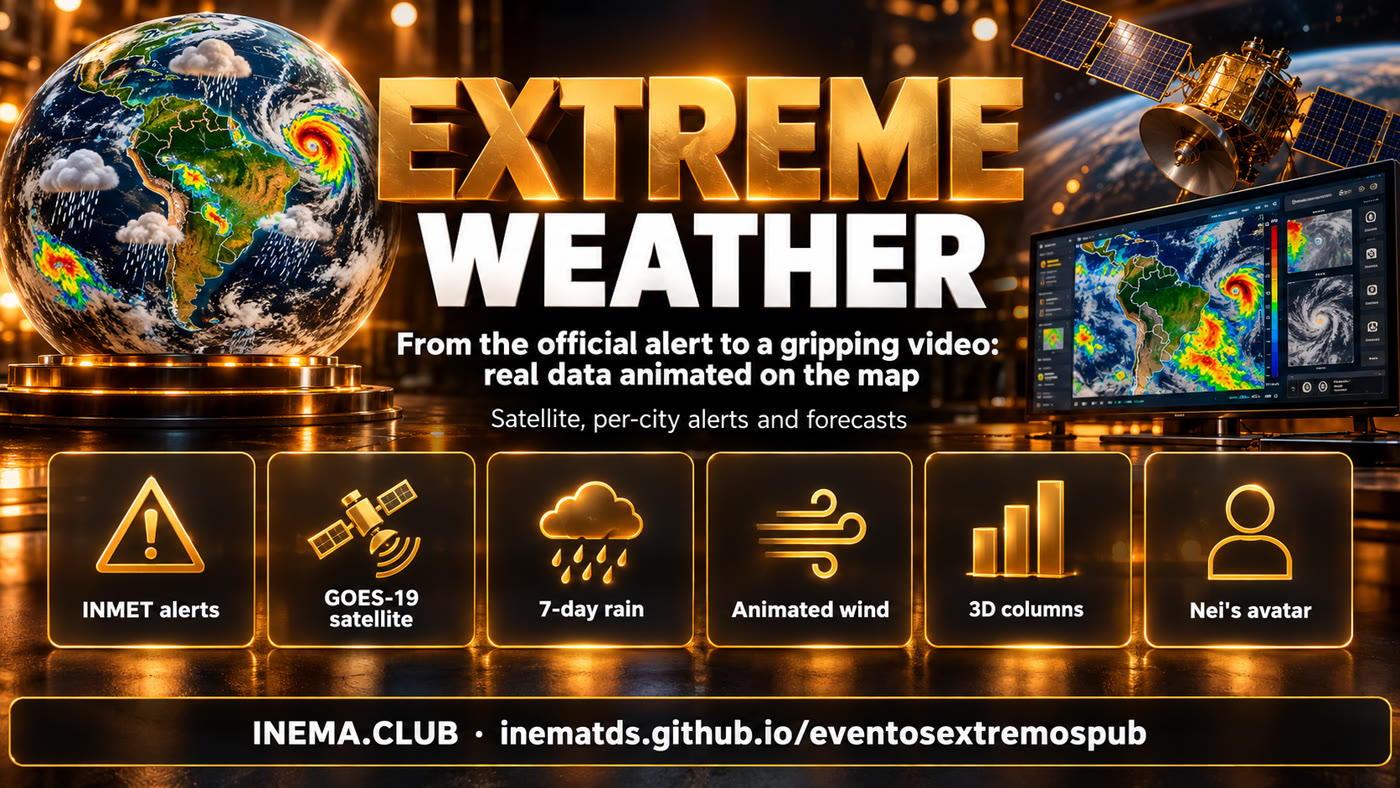 Parts of eventosextremospub: INMET alerts, satellite, 7-day rain, wind, 3D columns and avatar