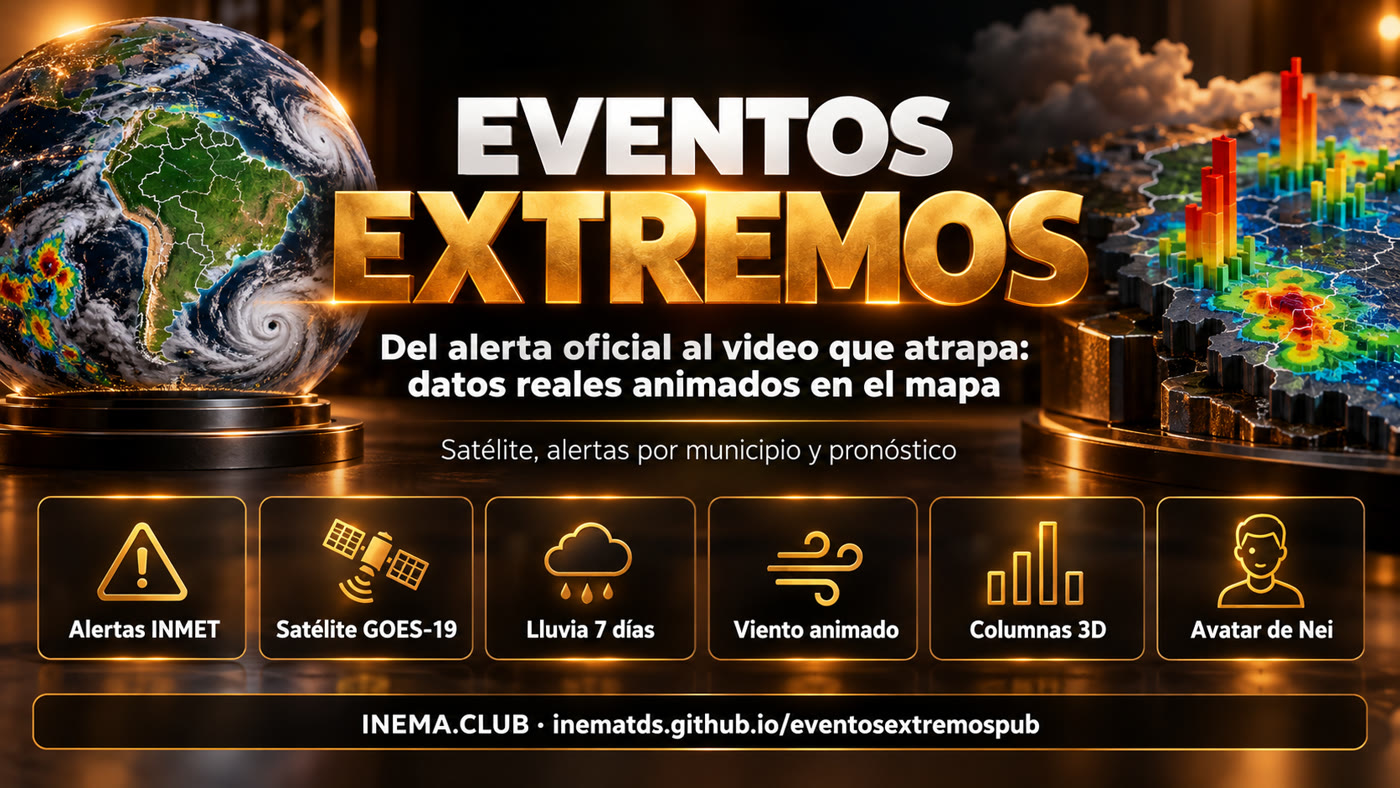 Partes de eventosextremospub: alertas del INMET, satélite, lluvia de 7 días, viento, columnas 3D y avatar