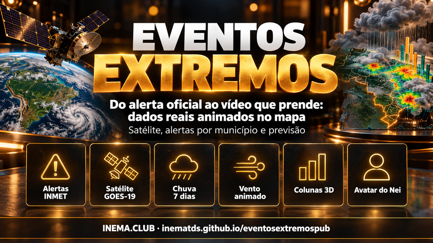 Partes do eventosextremospub: alertas INMET, satélite, chuva de 7 dias, vento, colunas 3D e avatar