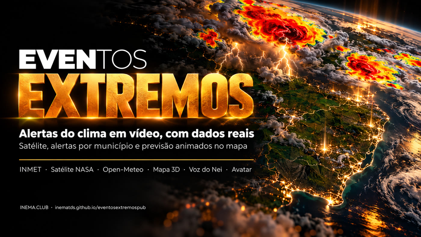 Banner do eventosextremospub: alertas do clima em vídeo com dados reais