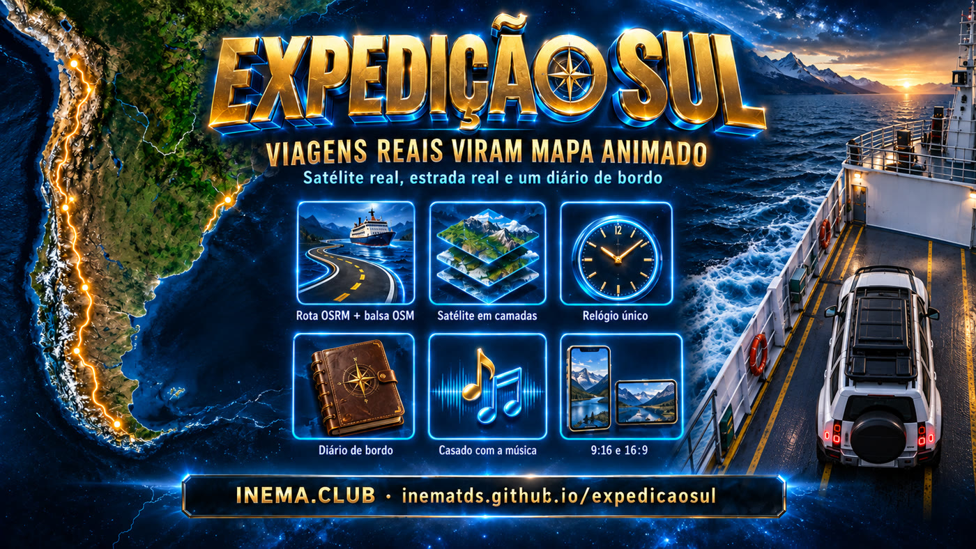 Banner Expedição Sul: mapa do sul da América do Sul com a rota, a Defender na balsa e os recursos do motor (rota OSRM + balsa OSM, satélite em camadas, relógio único, diário de bordo, casado com a música, 9:16 e 16:9)