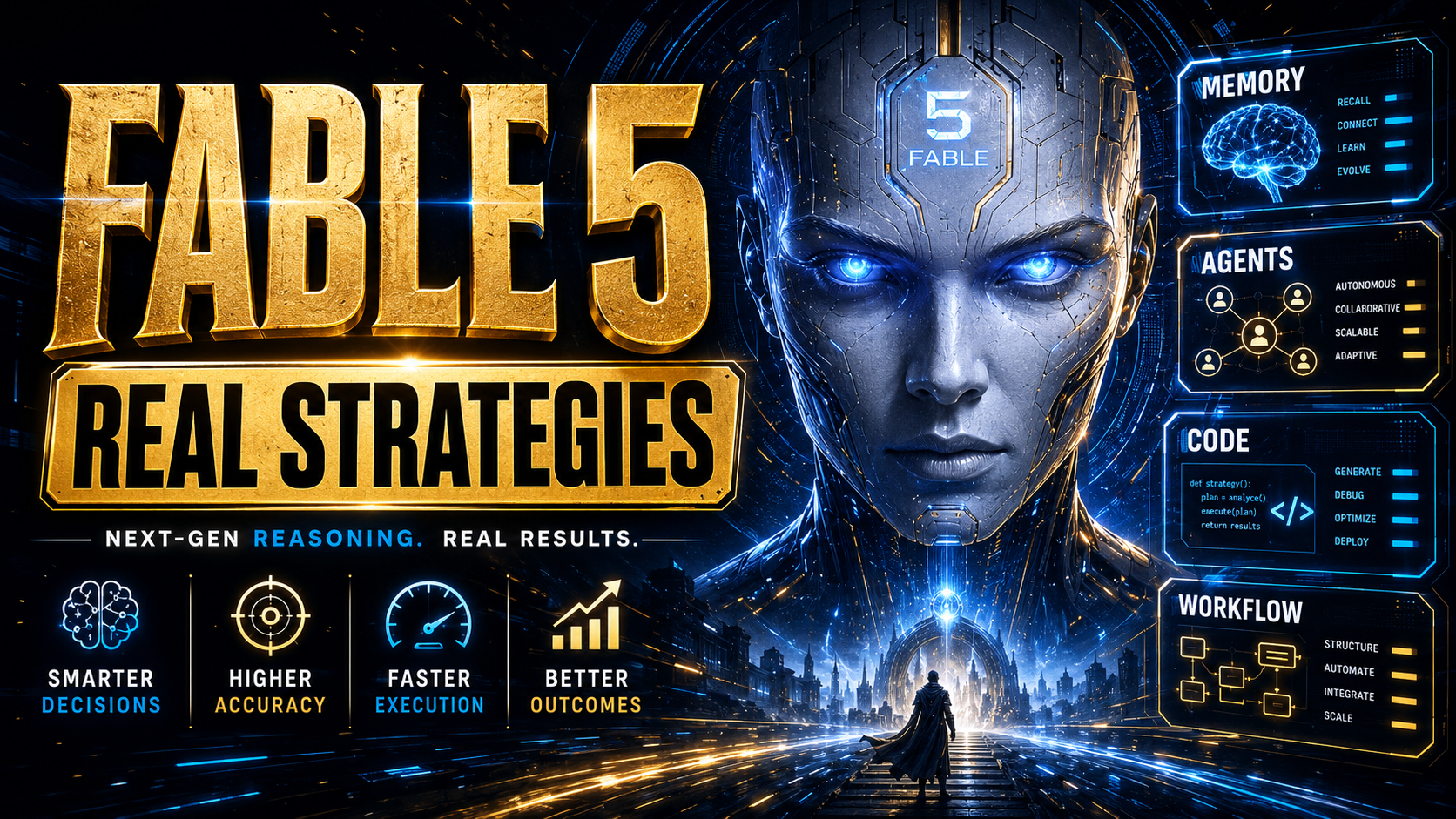 Banner: Fable 5 Real Strategies — next-gen reasoning, real results, com painéis de memória, agentes, código e workflow.