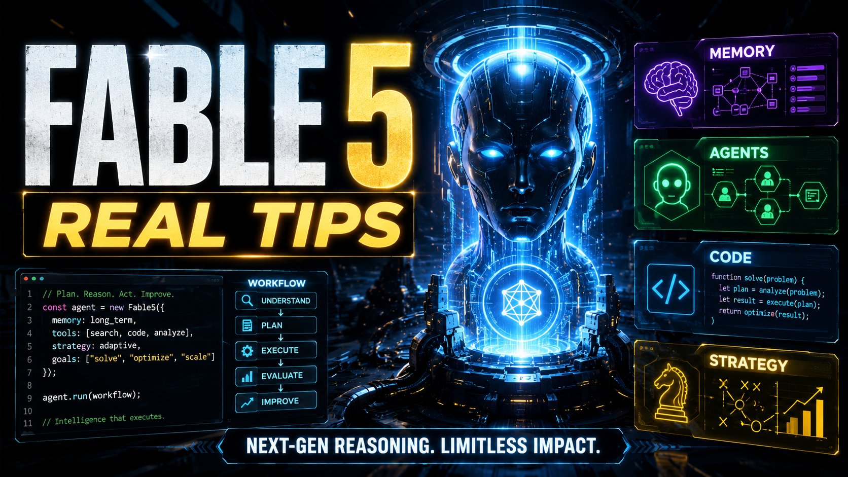 Banner: Fable 5 Real Tips — figura de IA central com painéis de Memory, Agents, Code e Strategy, e um workflow Understand-Plan-Execute-Evaluate-Improve.