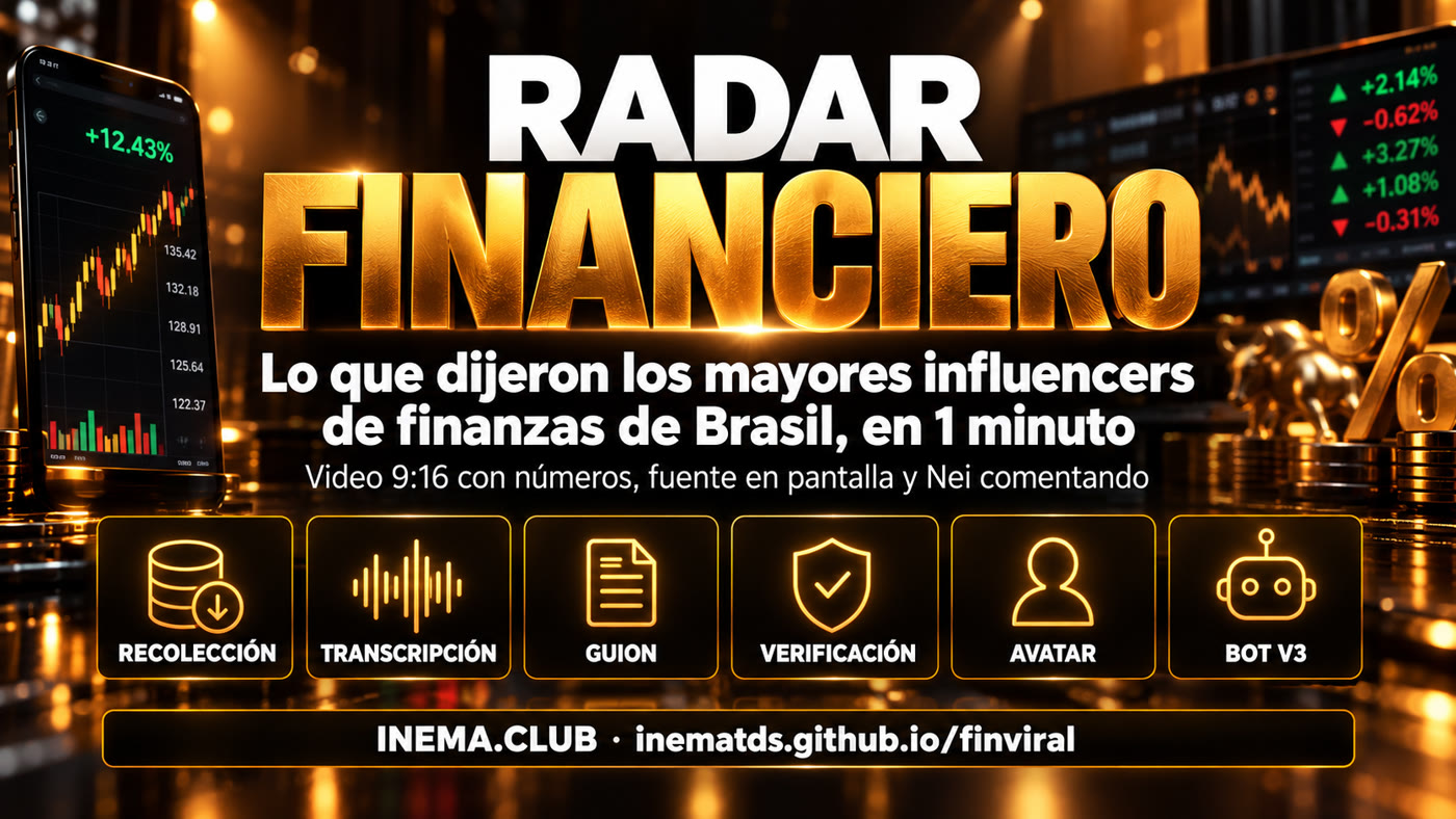 Flujo de finviral: recolección, transcripción, guion, verificación, avatar y bot v3