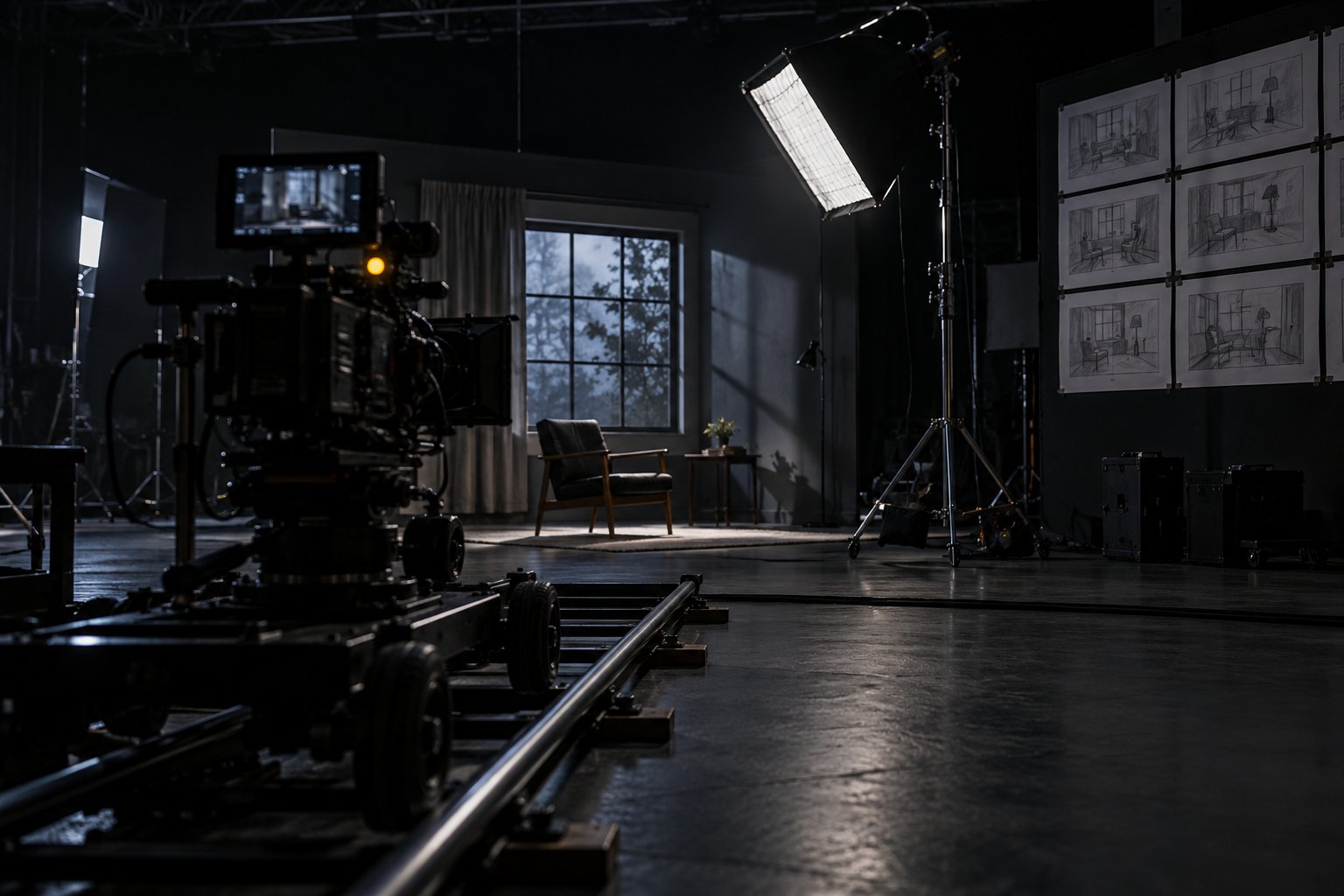 Set de filmagem escuro visto de trás de uma câmera de cinema num carrinho sobre trilhos; ao fundo, um storyboard a lápis na parede.