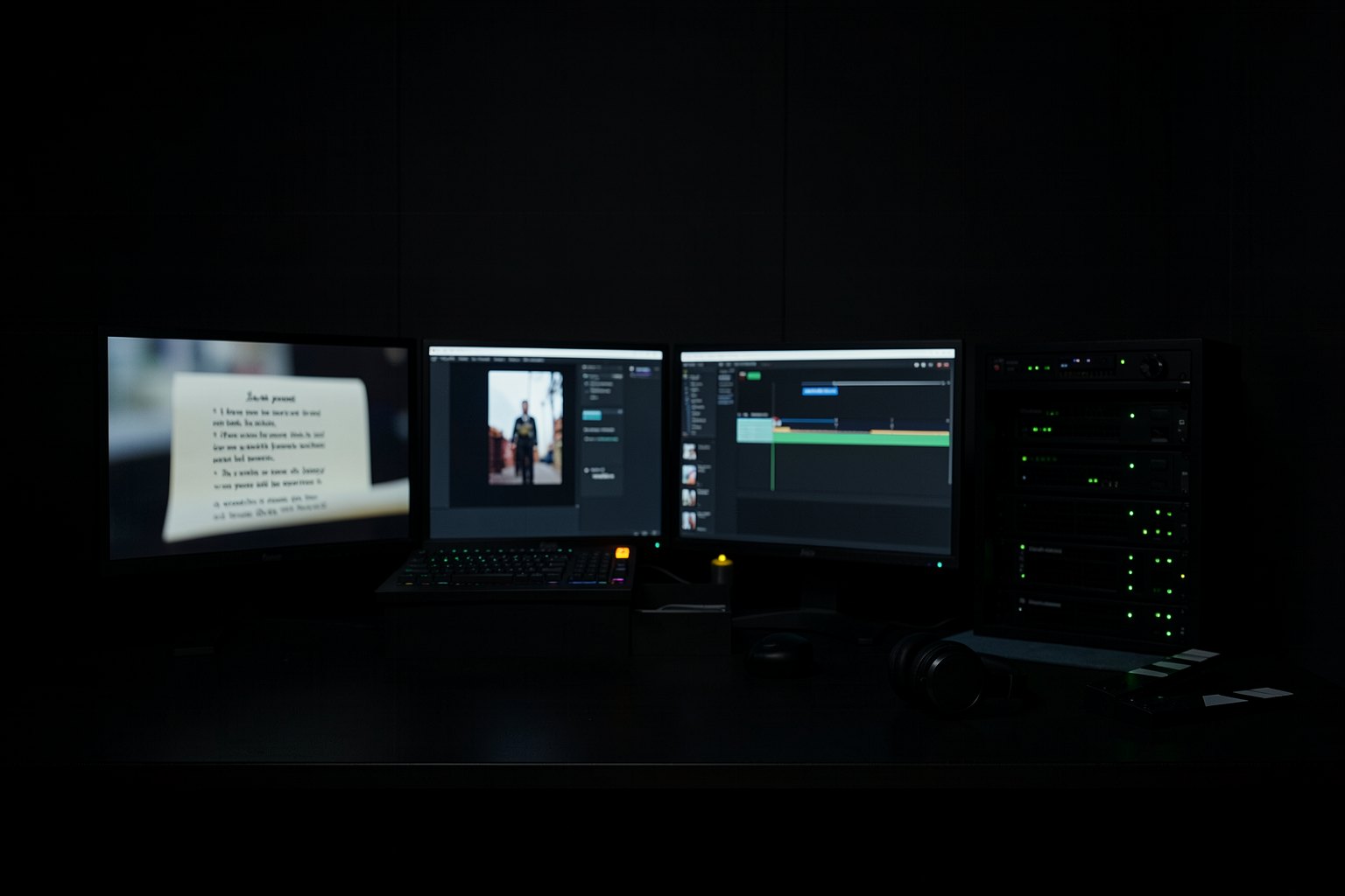 Sala de edição escura com dois monitores de linha do tempo e código, uma claquete e um rack de computadores; à esquerda o título do curso.
