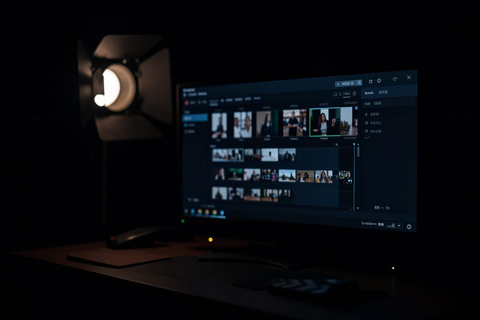 Set de filmagem escuro com um monitor de corte mostrando o interior de uma padaria de madrugada; ao fundo, um refletor desfocado.