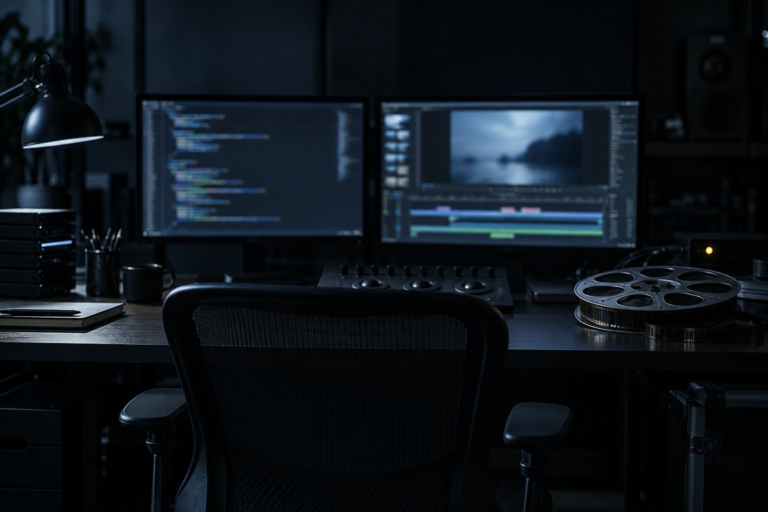 Mesa de edição escura com um monitor de linha do tempo, um teclado e uma claquete fechada; à esquerda o título do curso.