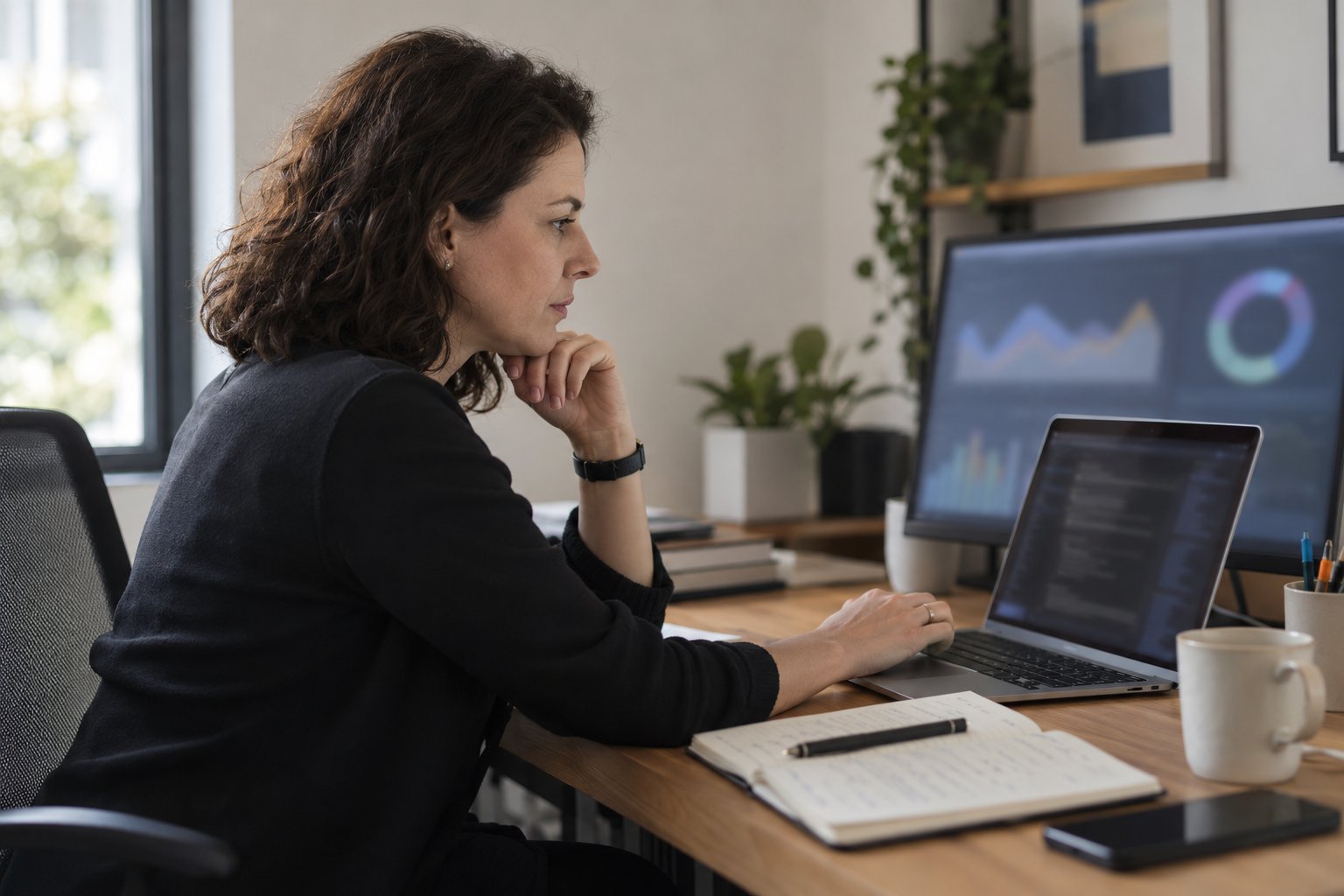 Laptop with an open terminal on a dark desk, with the course title: build your own open Semrush.
