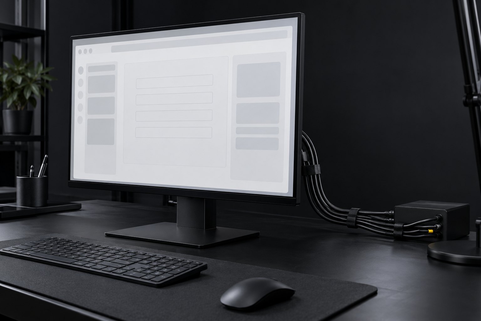 Monitor escuro com um navegador aberto num formulário e um cabo plugado num conector ao lado.