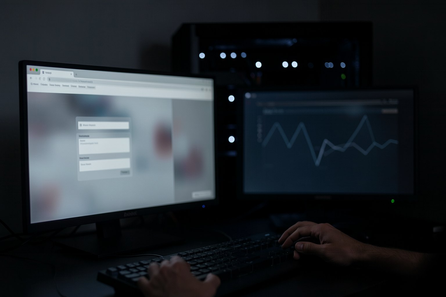 Pequena sala de operação escura com um monitor mostrando um navegador e um rack com luzes brancas, cabos ligados a um hub.