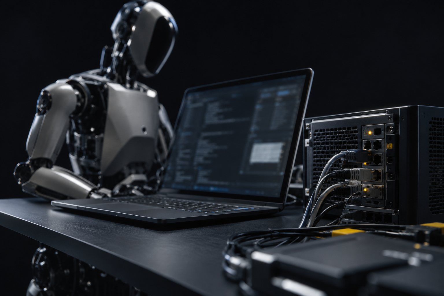 Servidor MCP do seu serviço: um notebook com terminal e um pequeno servidor com cabo plugado, numa mesa escura.