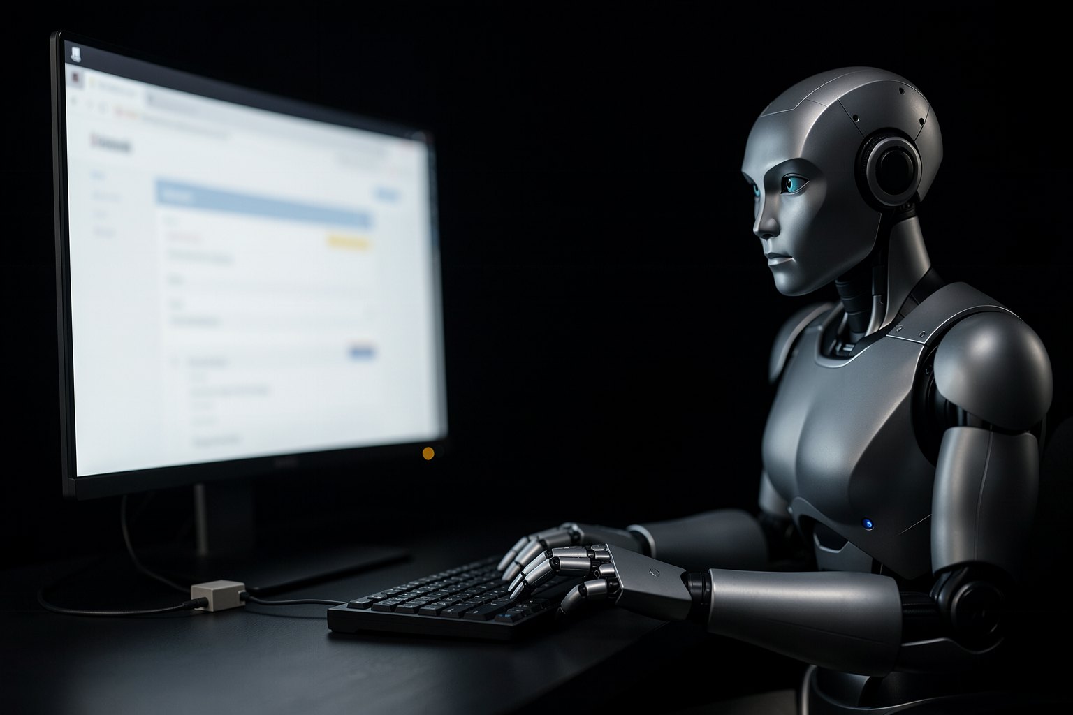 Monitor escuro com um navegador aberto e, ao lado, um robô humanoide industrial operando o teclado.