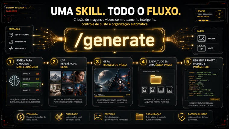 Diagrama do fluxo da skill: entradas de texto, referências e parâmetros passam pelo comando /generate e saem como imagem ou vídeo, em cinco passos