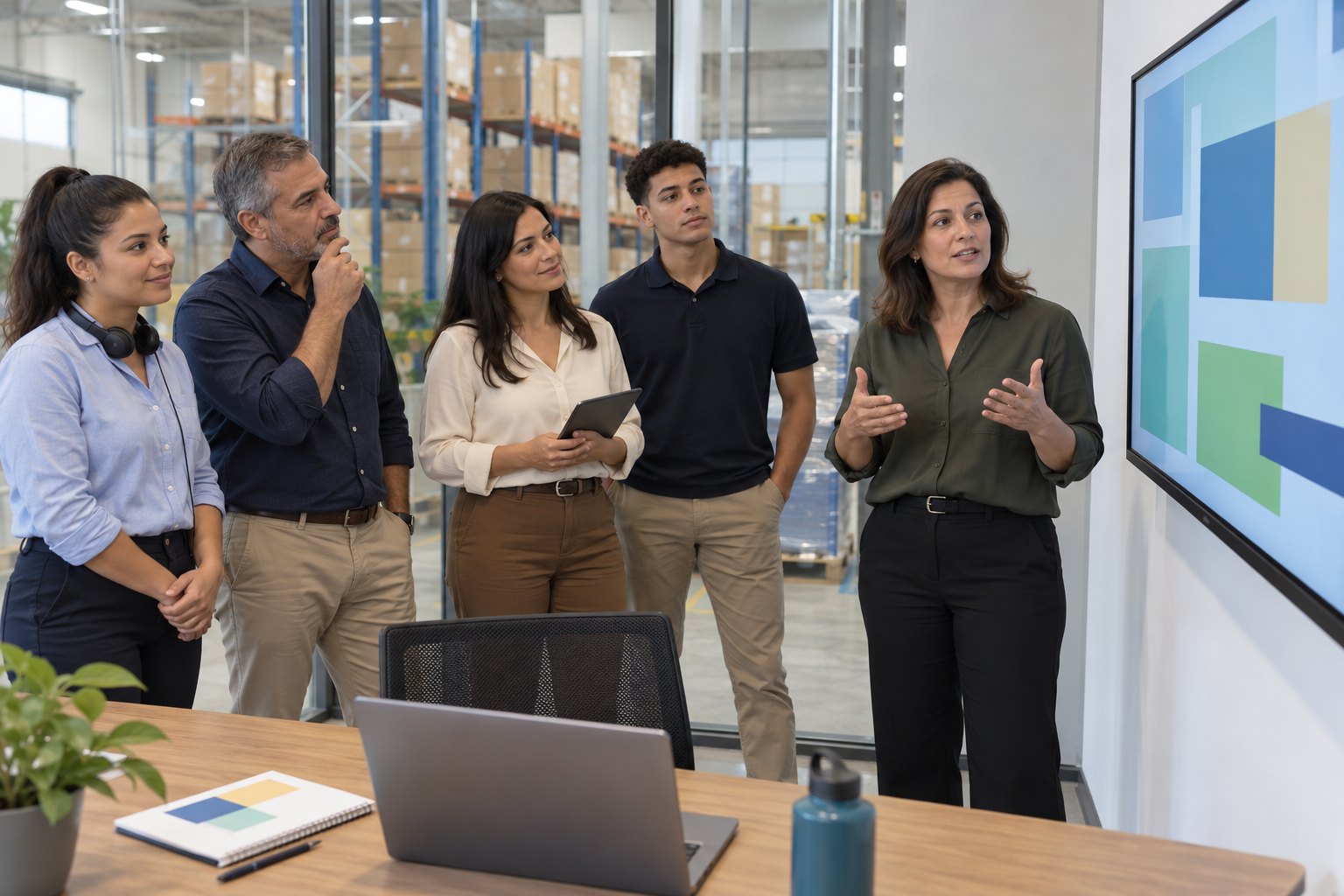 At the end of the workday, the sales manager of a distributor, seated at the head of the team table, watches two colleagues leave; behind the glass, the warehouse.