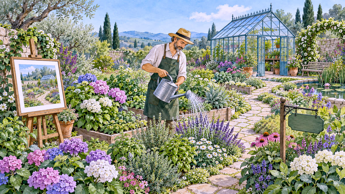 Ilustração: jardim visto de cima com canteiros, um quadro com a foto do jardim, uma etiqueta numa estaca e a estufa ao fundo