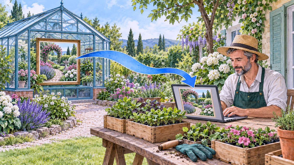 Ilustração: uma fita azul leva a foto do jardim da estufa até o laptop do jardineiro