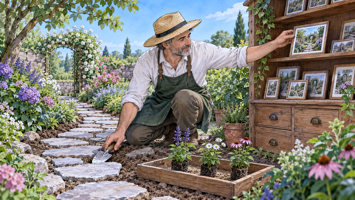 Ilustração: o jardineiro assenta um caminho de pedras, com uma bandeja de mudas e um armário de fotos ao lado