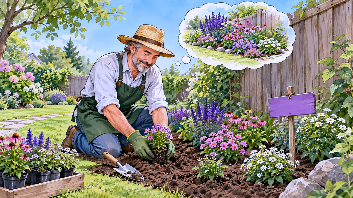 Ilustração: o jardineiro planta um canteiro novo de flores, marcado por uma etiqueta roxa