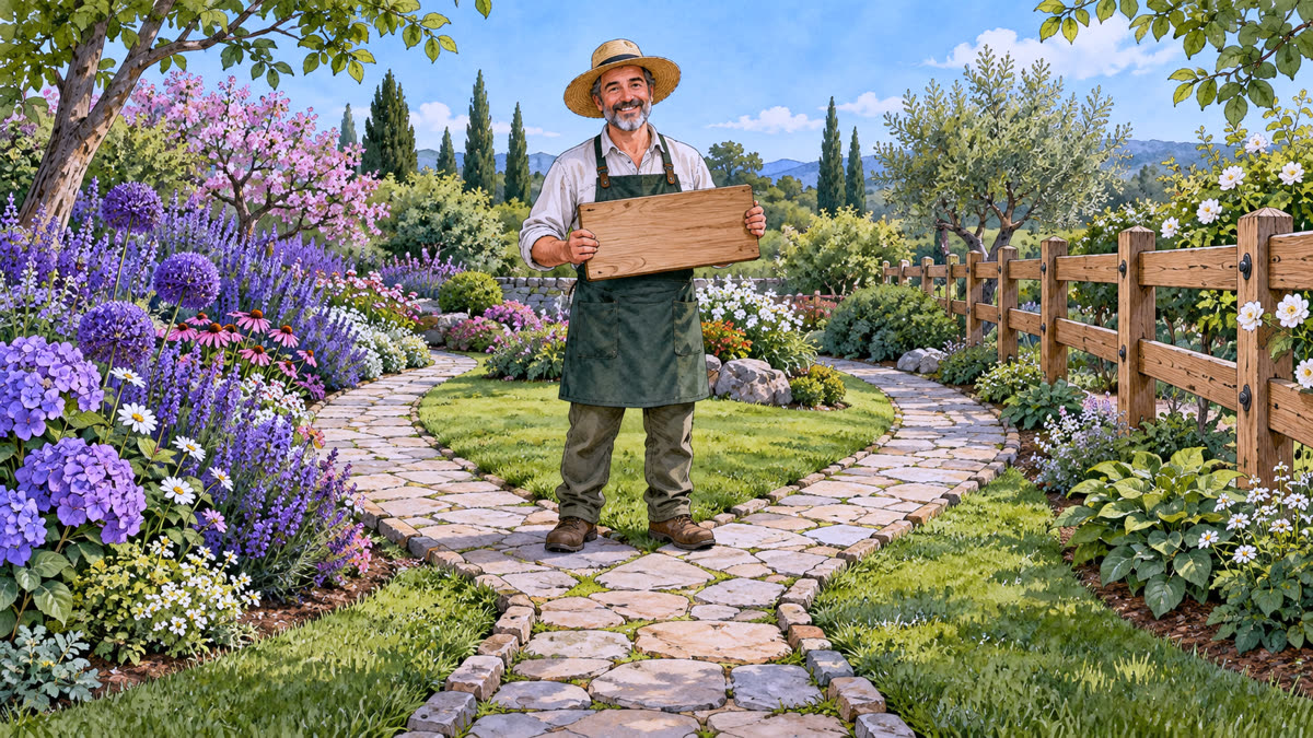 Ilustração: dois caminhos de pedras se encontram e viram um só no jardim