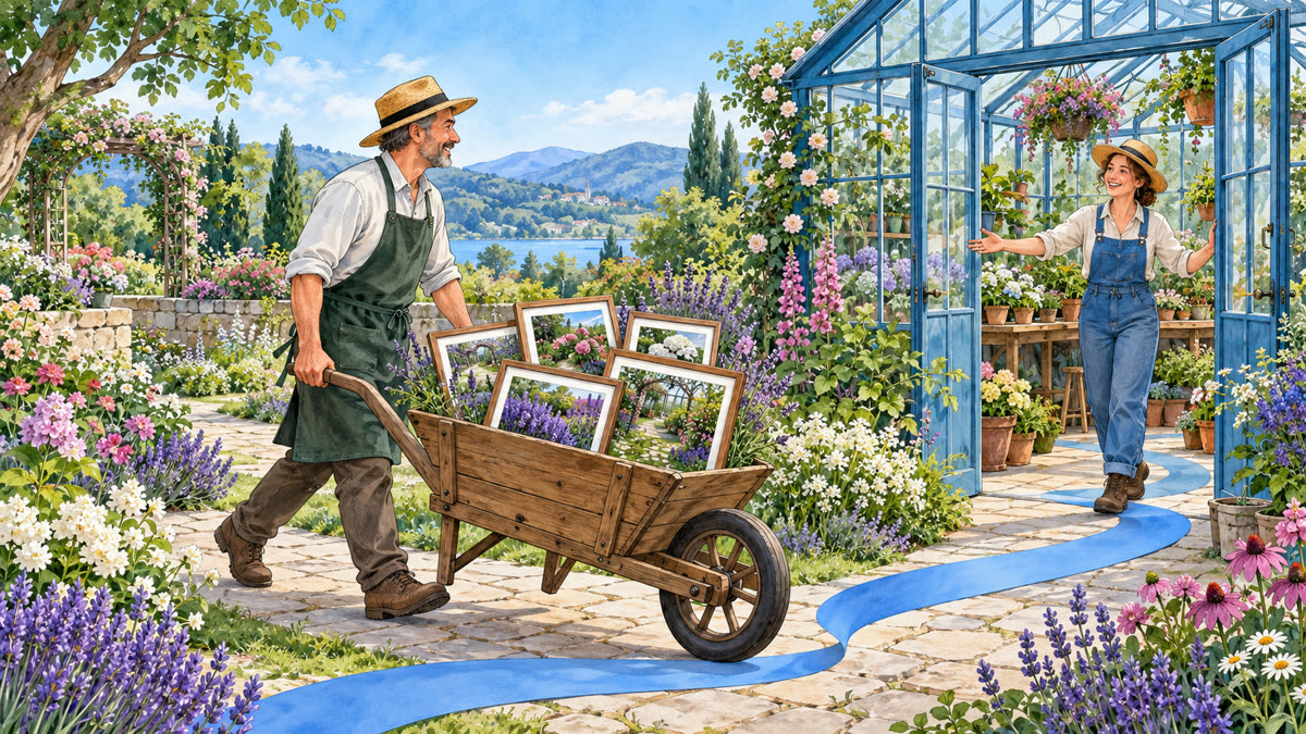Ilustração: o jardineiro leva um carrinho de fotos até a estufa, onde a colega o recebe