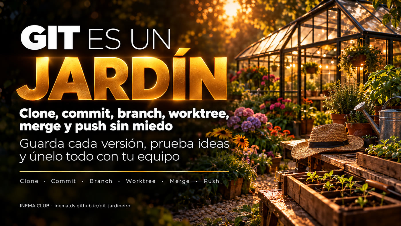 Banner: Git es un jardín — clone, commit, branch, worktree, merge y push sin miedo
