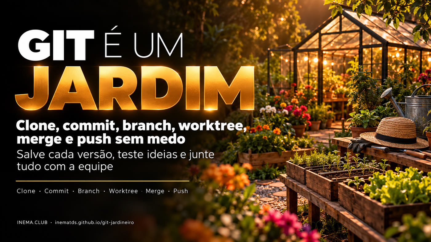 Banner: Git é um jardim — clone, commit, branch, worktree, merge e push sem medo
