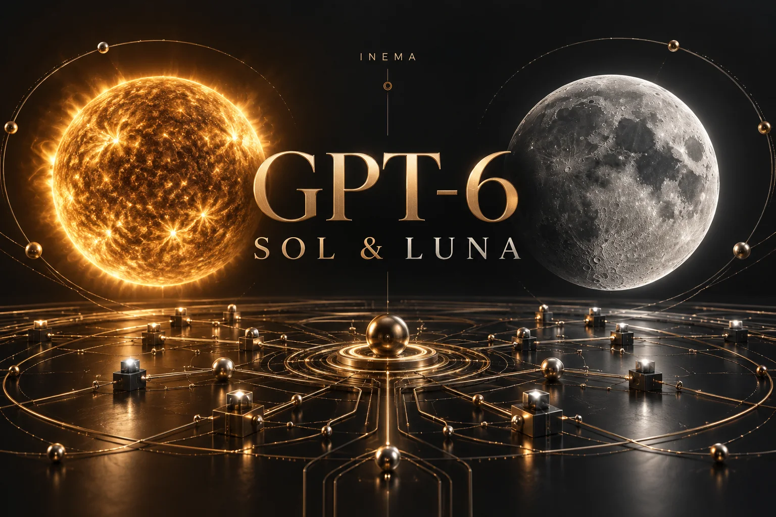 Sol dourado e lua prateada sobre uma rede de circuitos, com título GPT-6 Sol e Luna