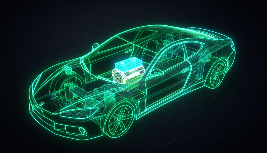 Ilustração conceitual: um chassi de carro brilhante envolvendo um motor pequeno
