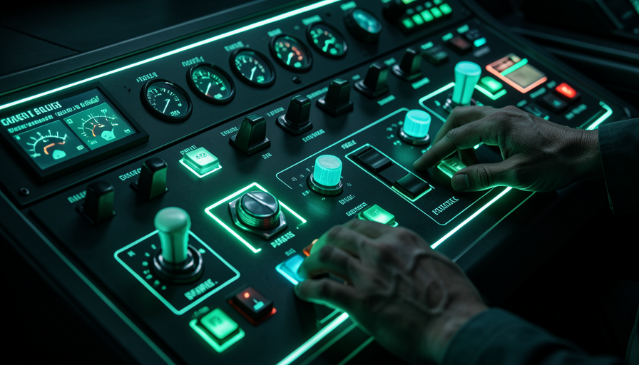 Ilustração: um painel de controle futurista com alavancas brilhantes