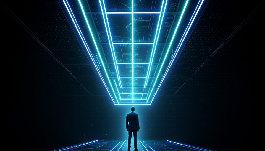 Ilustração conceitual: uma lupa amplificando luz azul brilhante em um único ponto focal