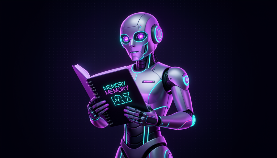 Ilustração: um professor robótico com um caderno luminoso guardando memórias de aulas anteriores