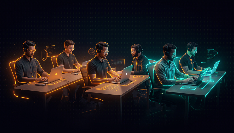 Ilustração: uma pessoa multiplicada como um maestro, cercada por vários agentes de IA trabalhando em paralelo