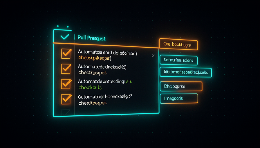 Ilustração: um pull request como um pacote organizado contendo diff, comentários de review e checagens, esperando aprovação