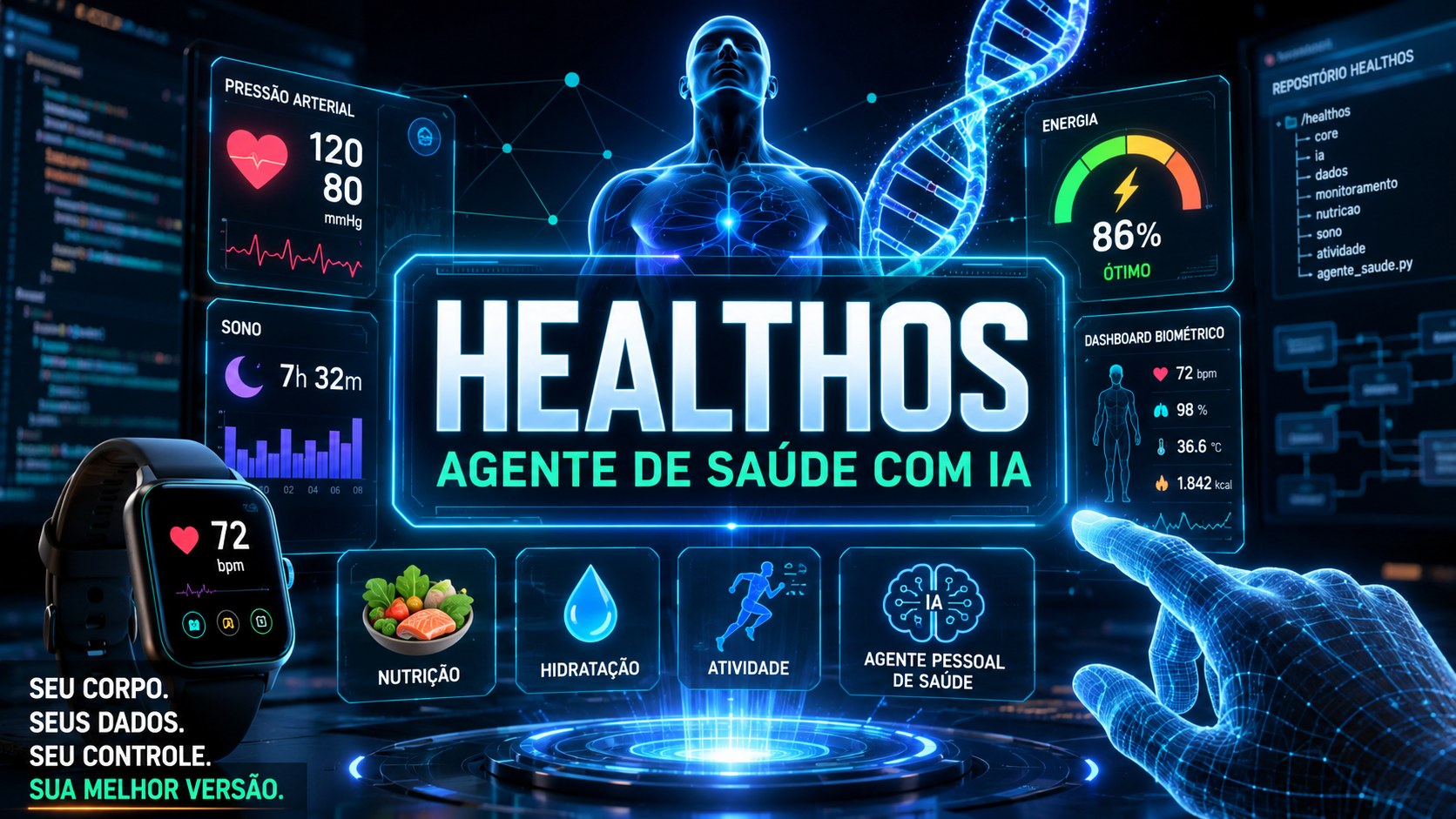 HealthOS — agente de saúde com IA: dashboard biométrico, pressão arterial, sono, energia e nutrição, hidratação, atividade