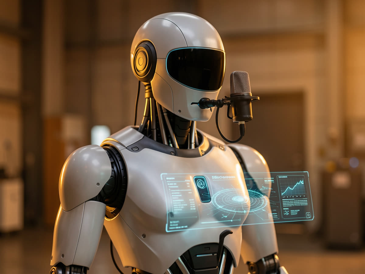 Robô humanoide industrial com visor preto, microfone de estúdio e painel holográfico com gráfico