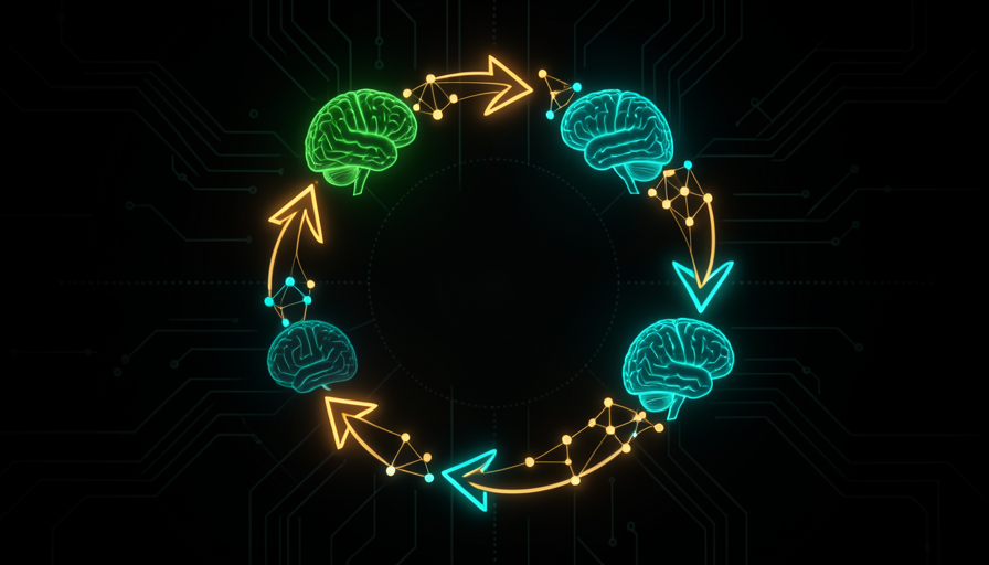 Ilustração conceitual: uma geração de IA projetando a próxima, em espiral ascendente