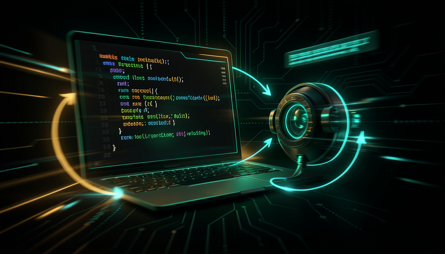 Ilustração: um ciclo de código girando rápido — teclado, terminal e testes verdes se realimentando