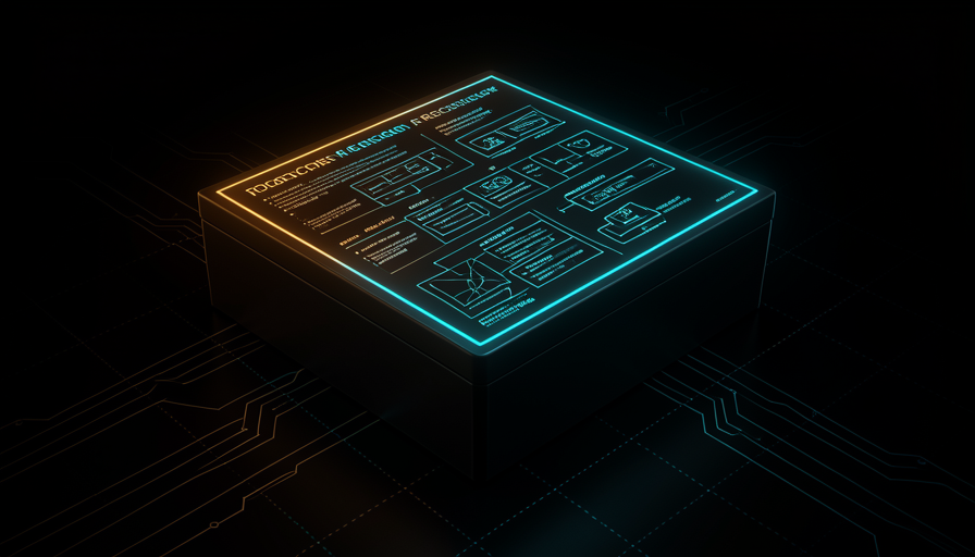Ilustração: uma IA reconstrói um software a partir de uma caixa-preta, em azul e ciano, sobre um fundo escuro de grade