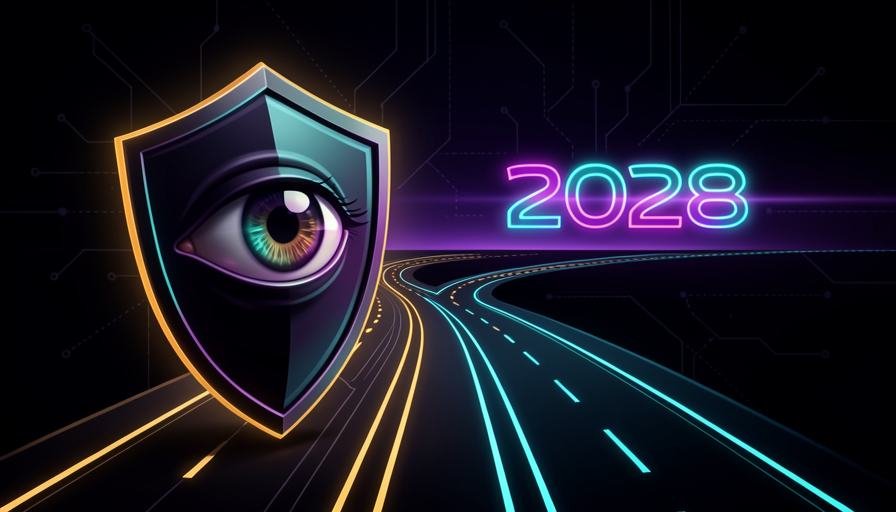 Ilustração: um escudo translúcido roxo sobre um data center, com um olho de monitoramento e uma estrada que se bifurca rumo a 2028