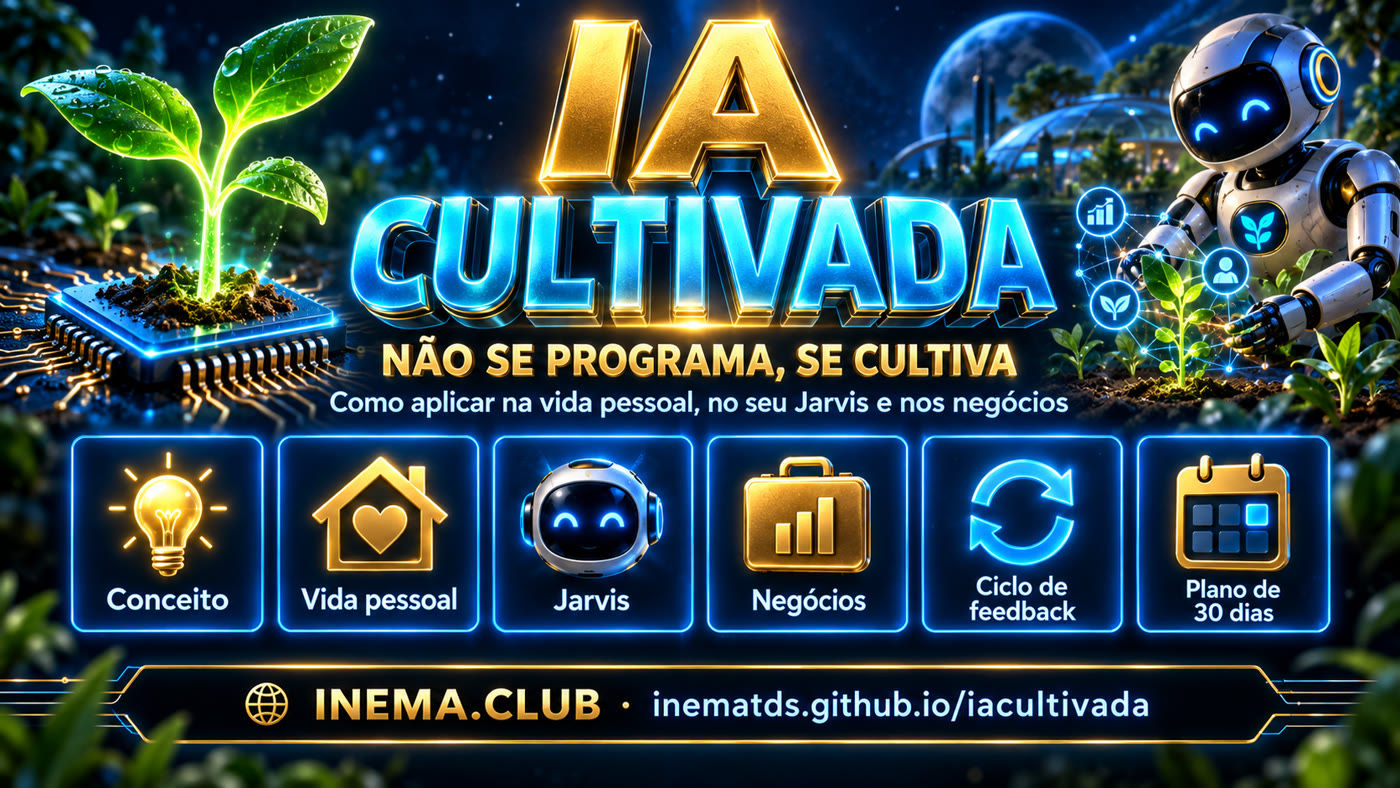 Banner IA Cultivada: muda brotando de um chip e um robô cuidando de um jardim de nós de rede