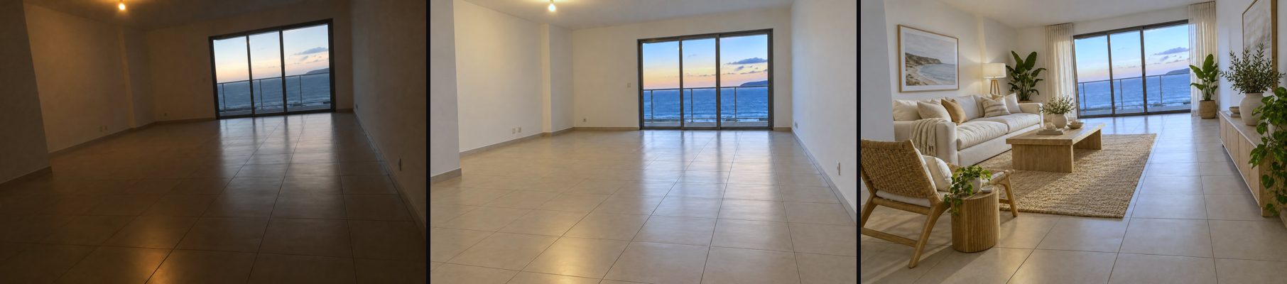 Sala: foto do celular, versão profissional e versão decorada