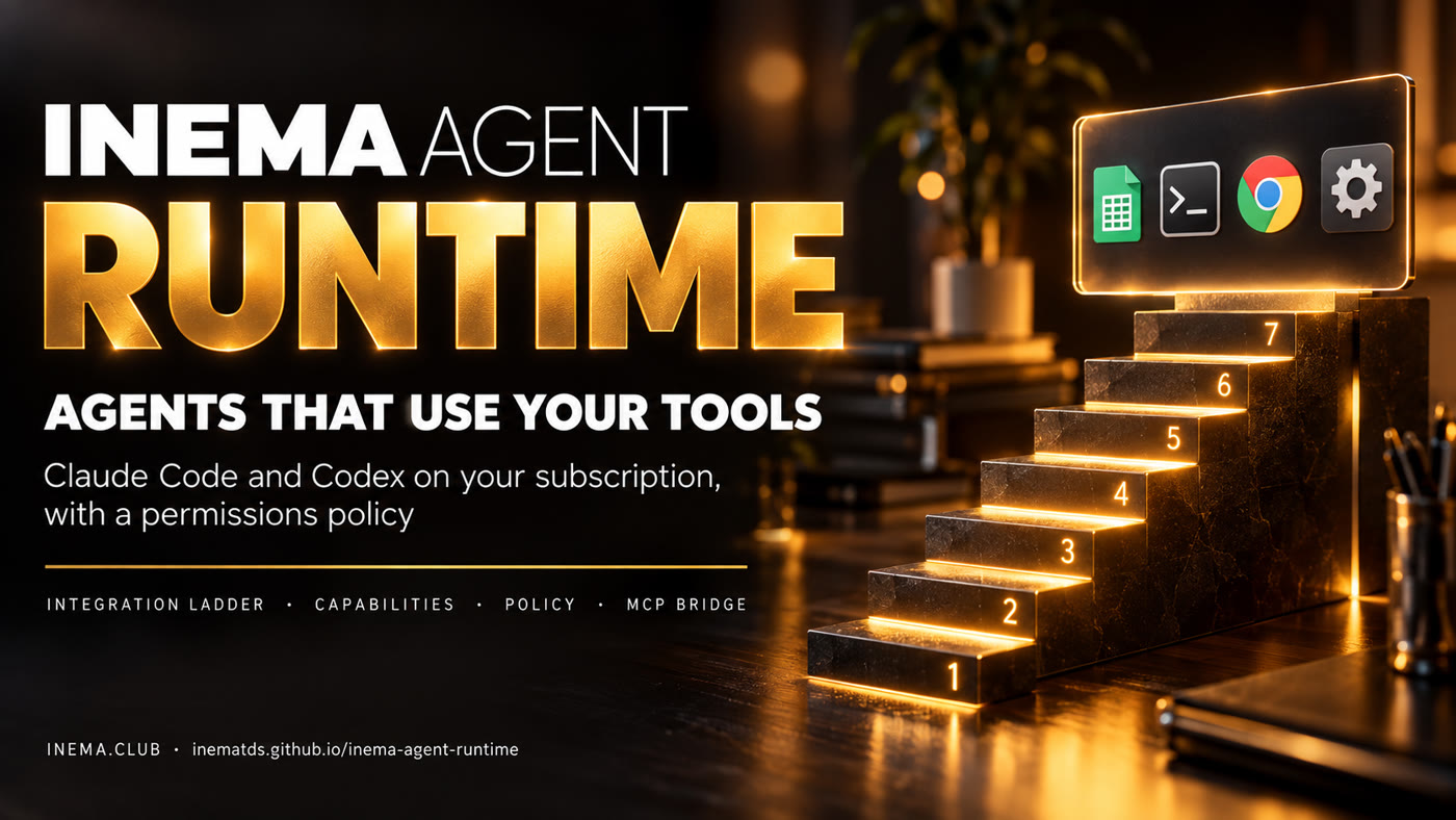 INEMA Agent Runtime banner: agents using your tools through your subscription and with a permissions policy