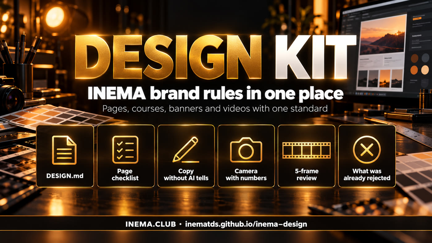 The six blocks of the kit: DESIGN.md, page checklist, writing that does not sound like AI, camera with numbers, 5-frame review and what was already rejected