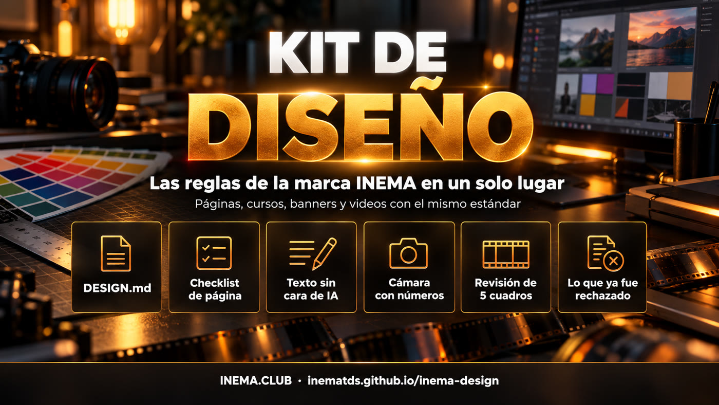 Los seis bloques del kit: DESIGN.md, checklist de página, texto que no suena a IA, cámara con número, revisión de 5 cuadros y lo que ya fue rechazado