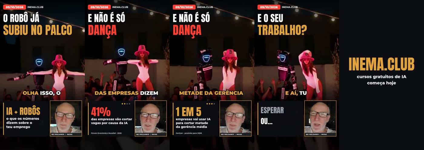 Folha com os 5 quadros de um reel: capa, dois quadros com o mesmo título e o fechamento INEMA.CLUB