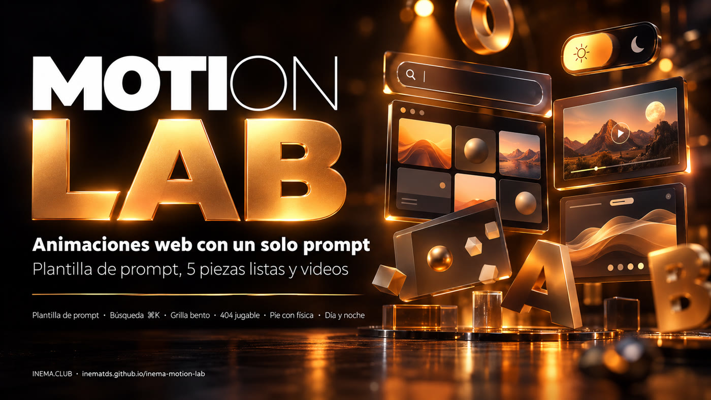 Banner de INEMA Motion Lab: animaciones de sitio con un prompt