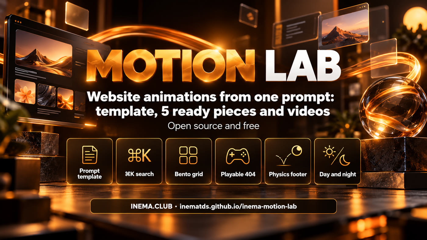 Prompt template, ⌘K search, bento grid, playable 404, physics footer, day and night