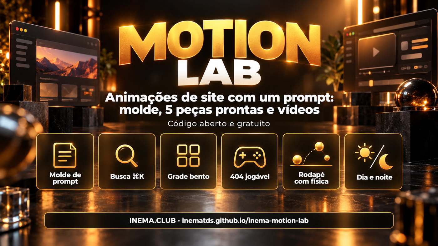Molde de prompt, busca ⌘K, grade bento, 404 jogável, rodapé com física, dia e noite
