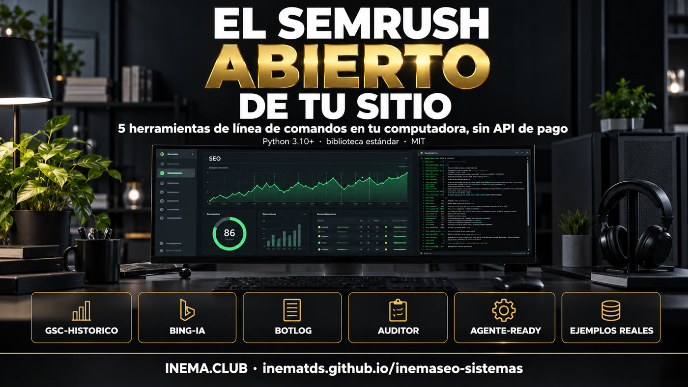 Banner: el Semrush abierto de tu sitio, con las cinco herramientas gsc-historico, bing-ia, botlog, auditor y agente-ready